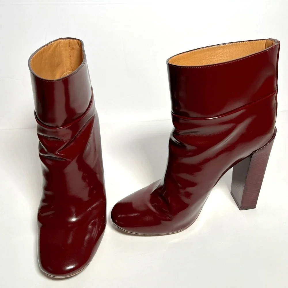 Chloe Sz EU 39.5 Ankle Boots Burgundy Patent Leather Block‎ Heel Luxury Italy